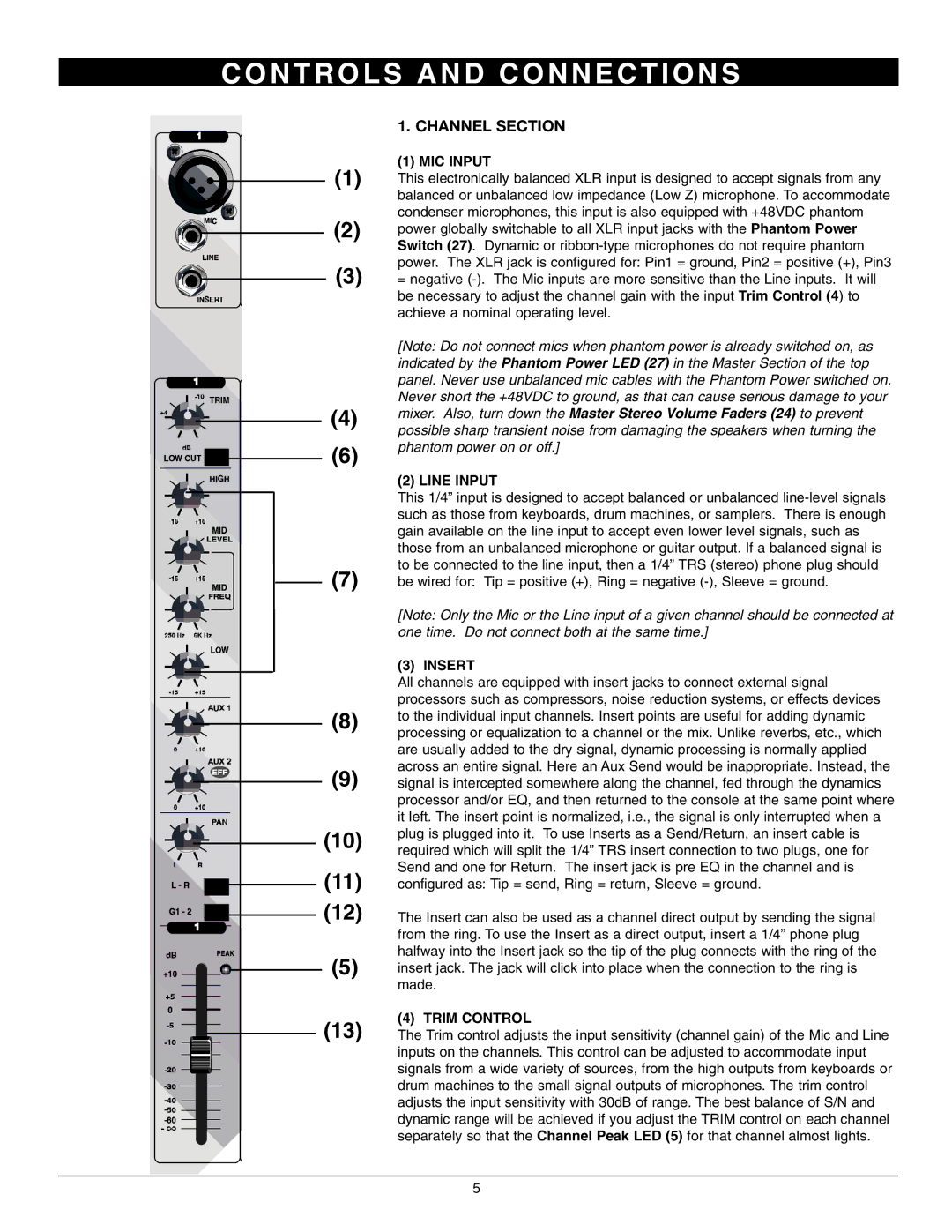 Nady Systems PMX-600 6, PMX-1600 16 owner manual N T R O L S a N D C O N N E C T I O N S, Channel Section 