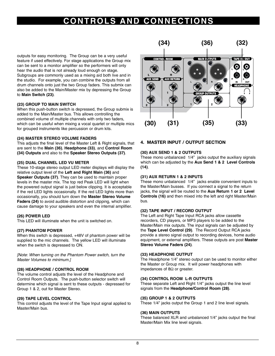 Nady Systems PMX-600 6, PMX-1600 16 owner manual Master Input / Output Section 