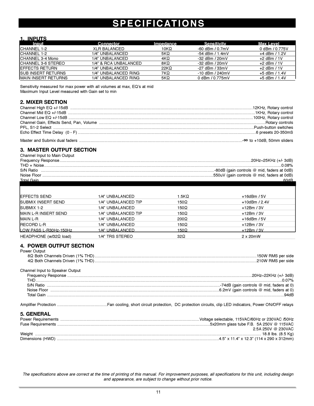 Nady Systems PMX-420 owner manual Specifications 