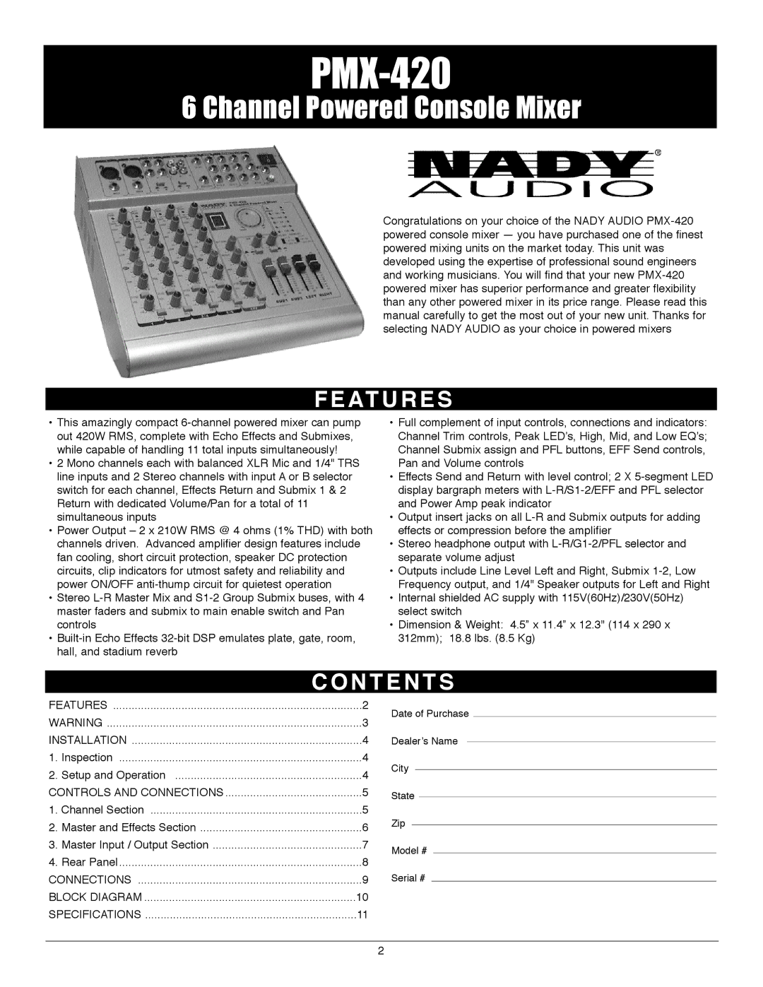 Nady Systems PMX-420 owner manual Features, Contents 