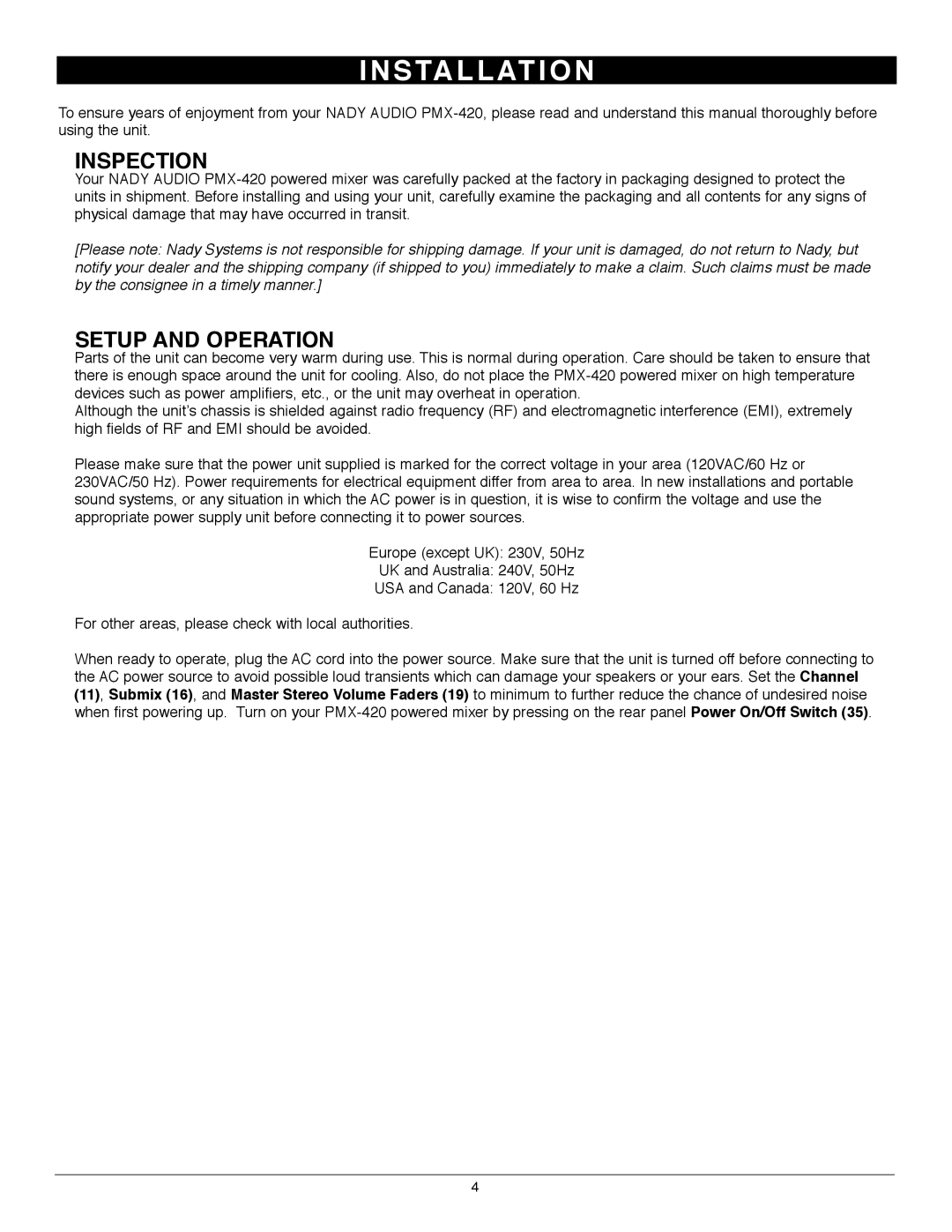 Nady Systems PMX-420 owner manual Installation, Inspection 