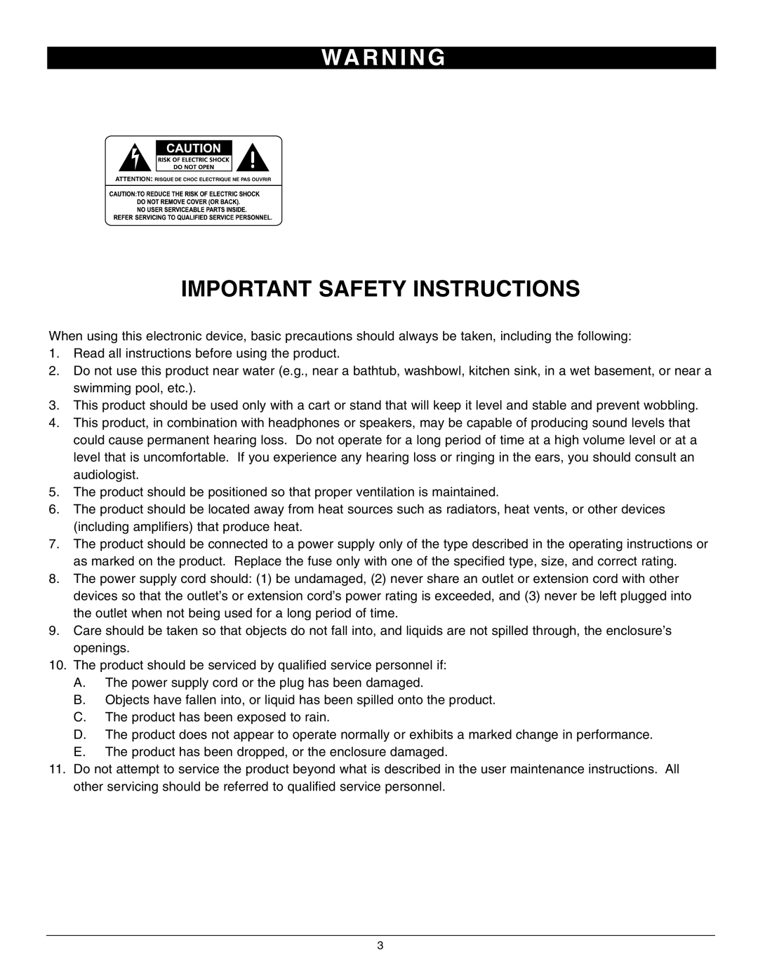 Nady Systems PPA-300 owner manual Wa R N I N G, Important Safety Instructions 