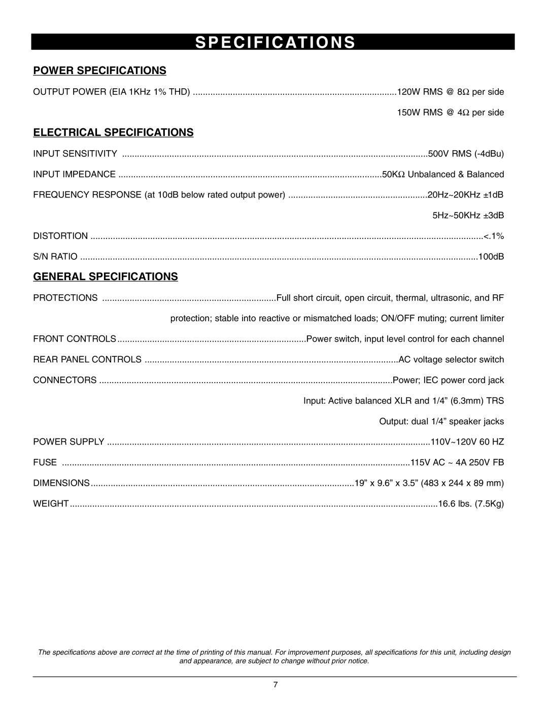 Nady Systems PPA-300 E C I F I C At I O N S, Power Specifications, Electrical Specifications, General Specifications 