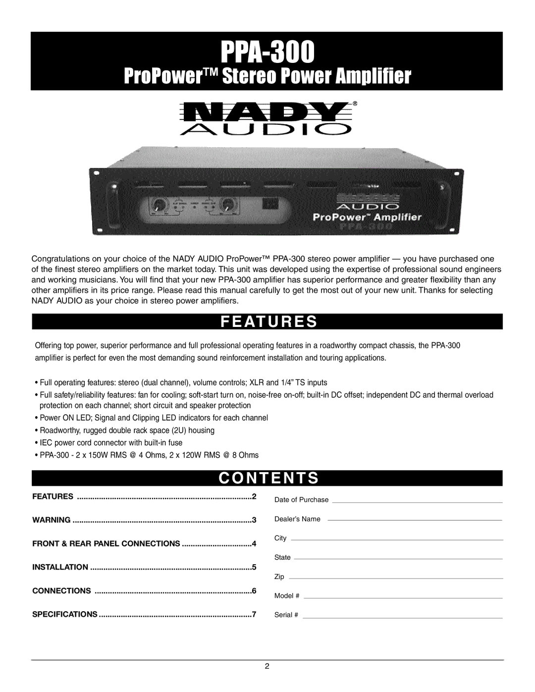 Nady Systems PPA-300 owner manual At U R E S, N T E N T S 