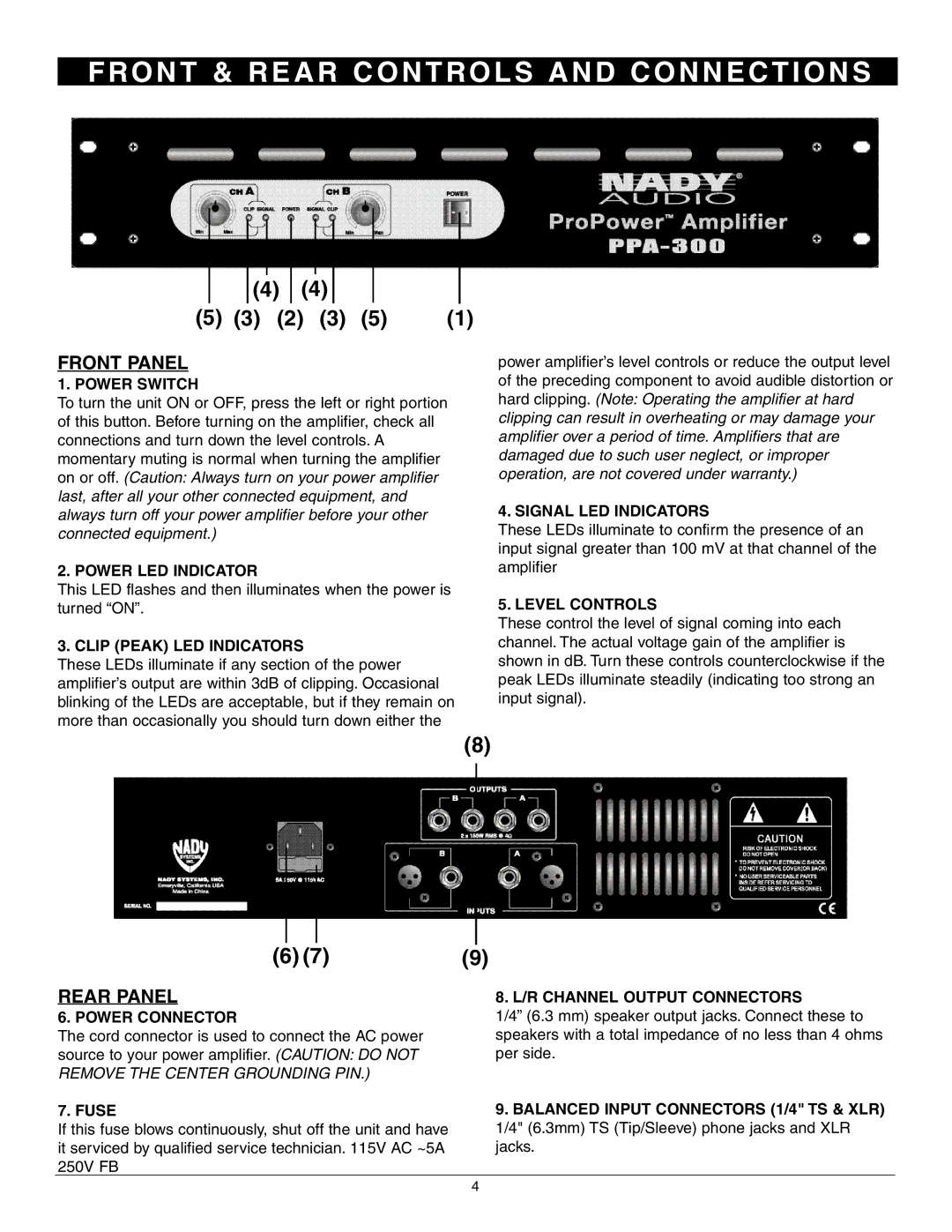 Nady Systems PPA-300 owner manual RO N T & R E a R C O N T RO L S a N D C O N N E C T I O N S, Front Panel, Rear Panel 