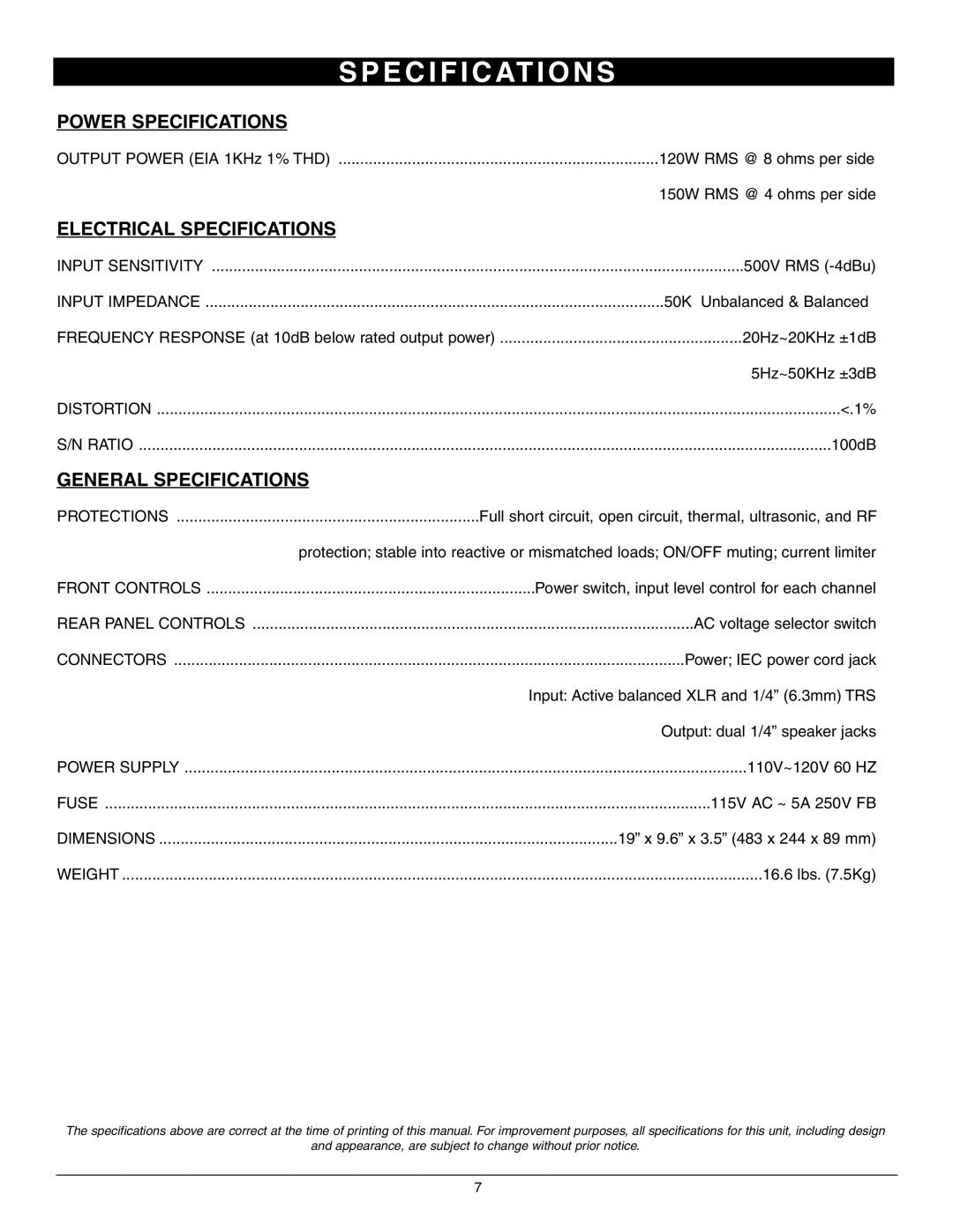 Nady Systems PPA-300 owner manual E C I F I C At I O N S, Power Specifications, General Specifications 