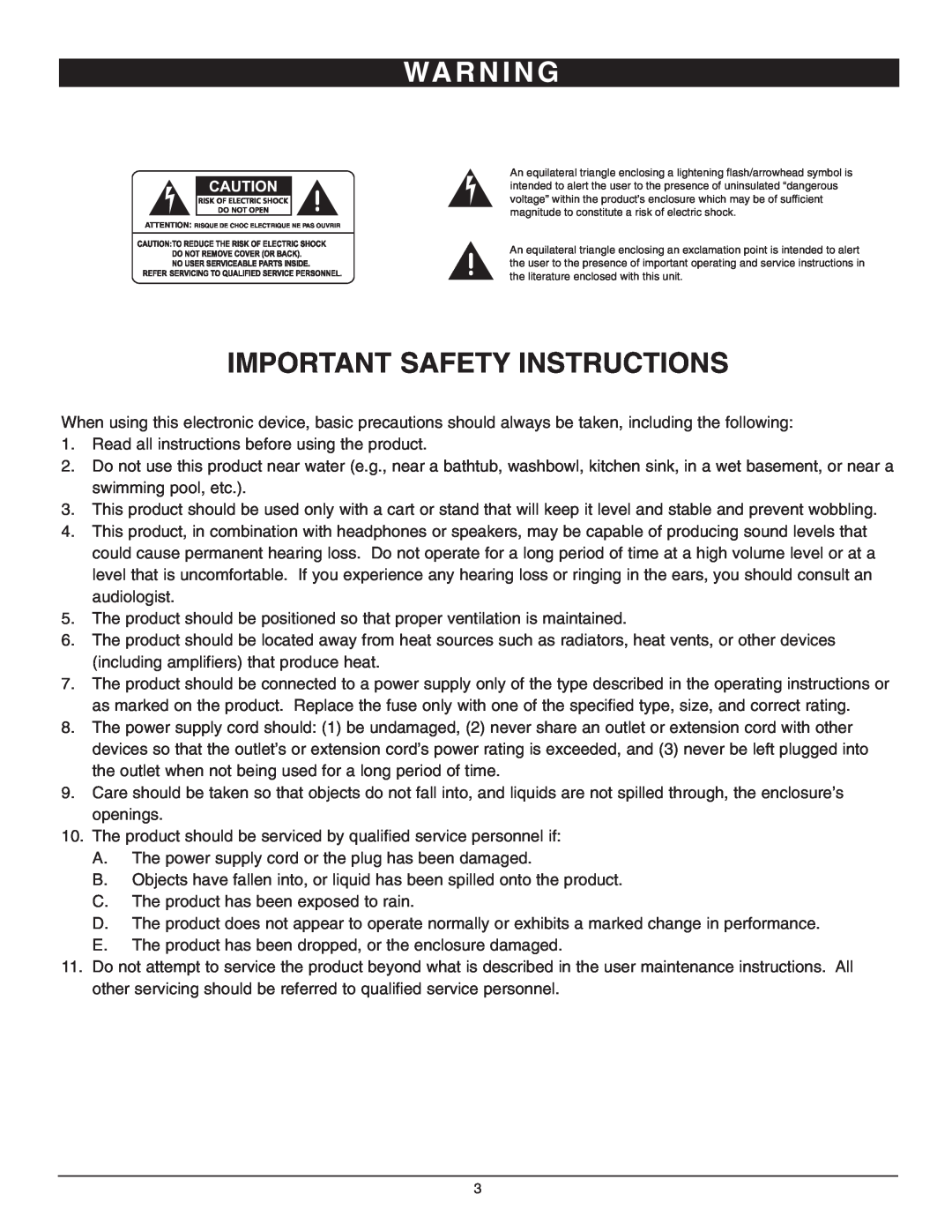 Nady Systems PPA-300 owner manual Wa R N I N G, Important Safety Instructions 