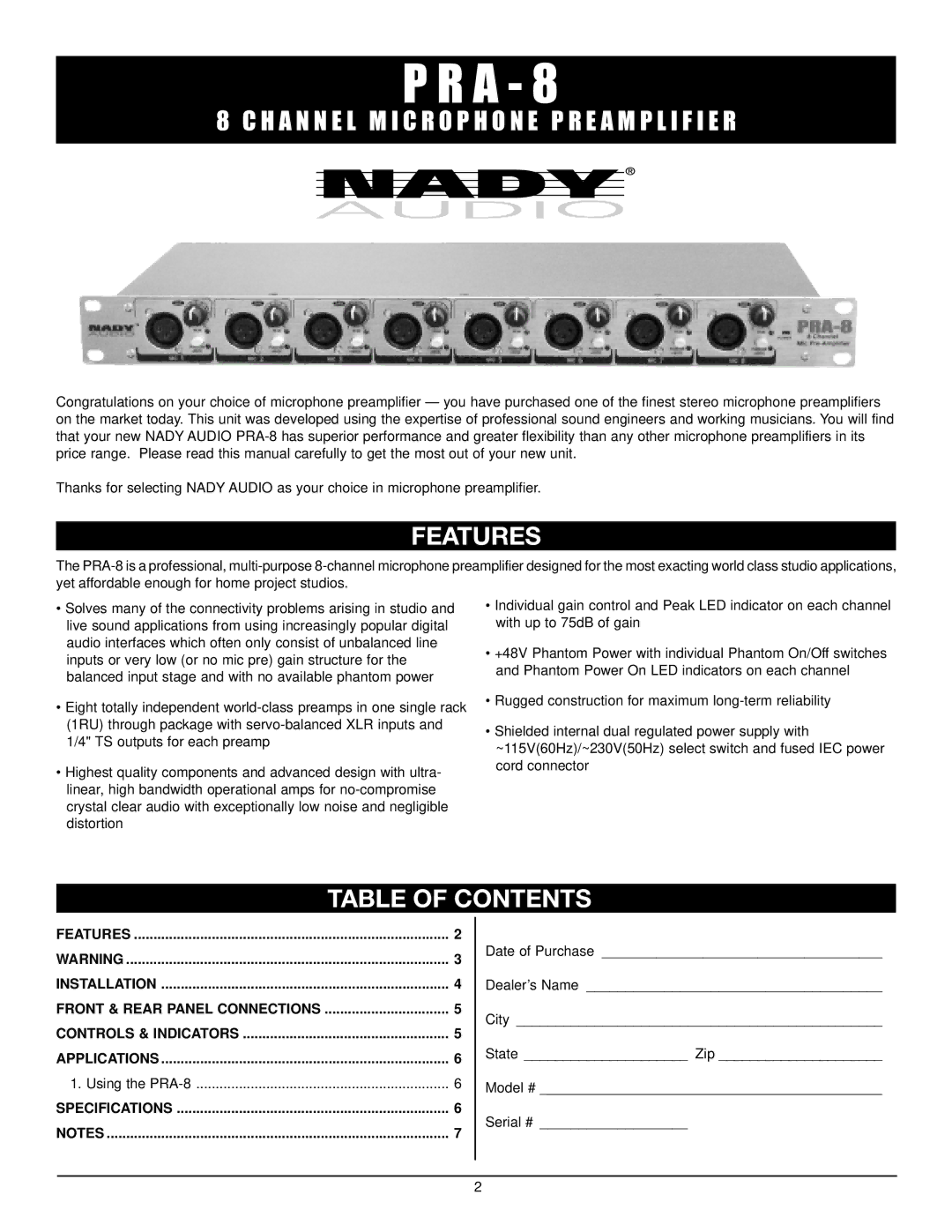 Nady Systems PRA-8 owner manual Features, Table of Contents 