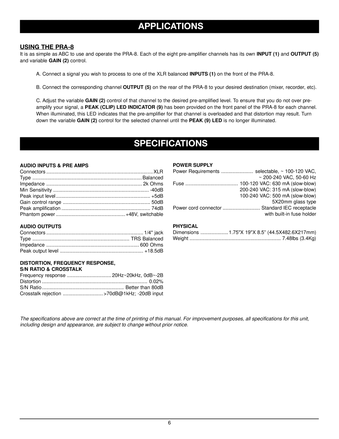 Nady Systems owner manual Applications, Specifications, Using the PRA-8 