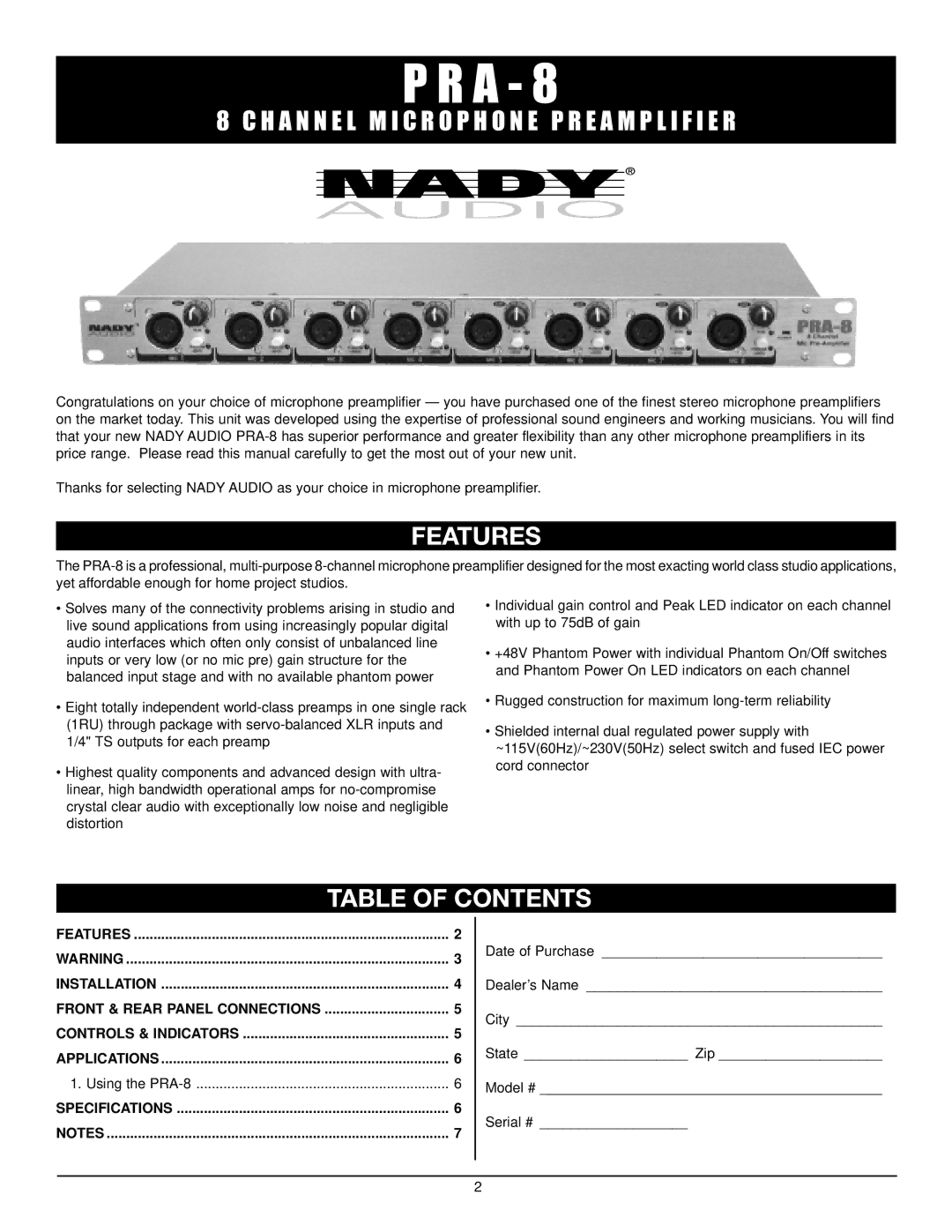 Nady Systems PRA-8 owner manual Features, Table of Contents 