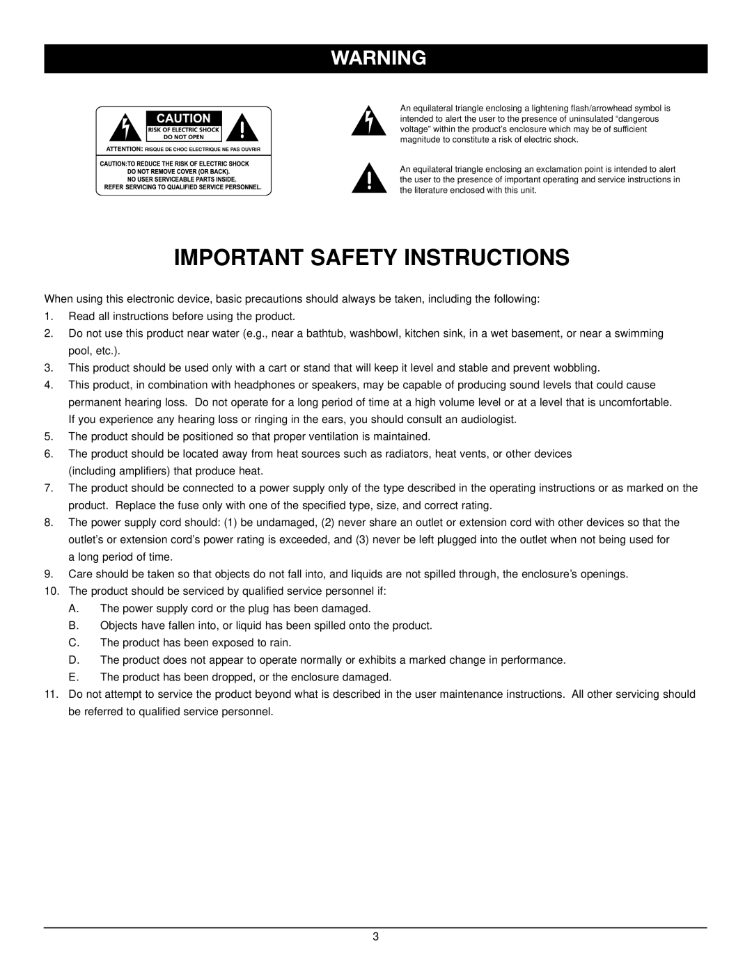 Nady Systems PRA-8 owner manual Important Safety Instructions 