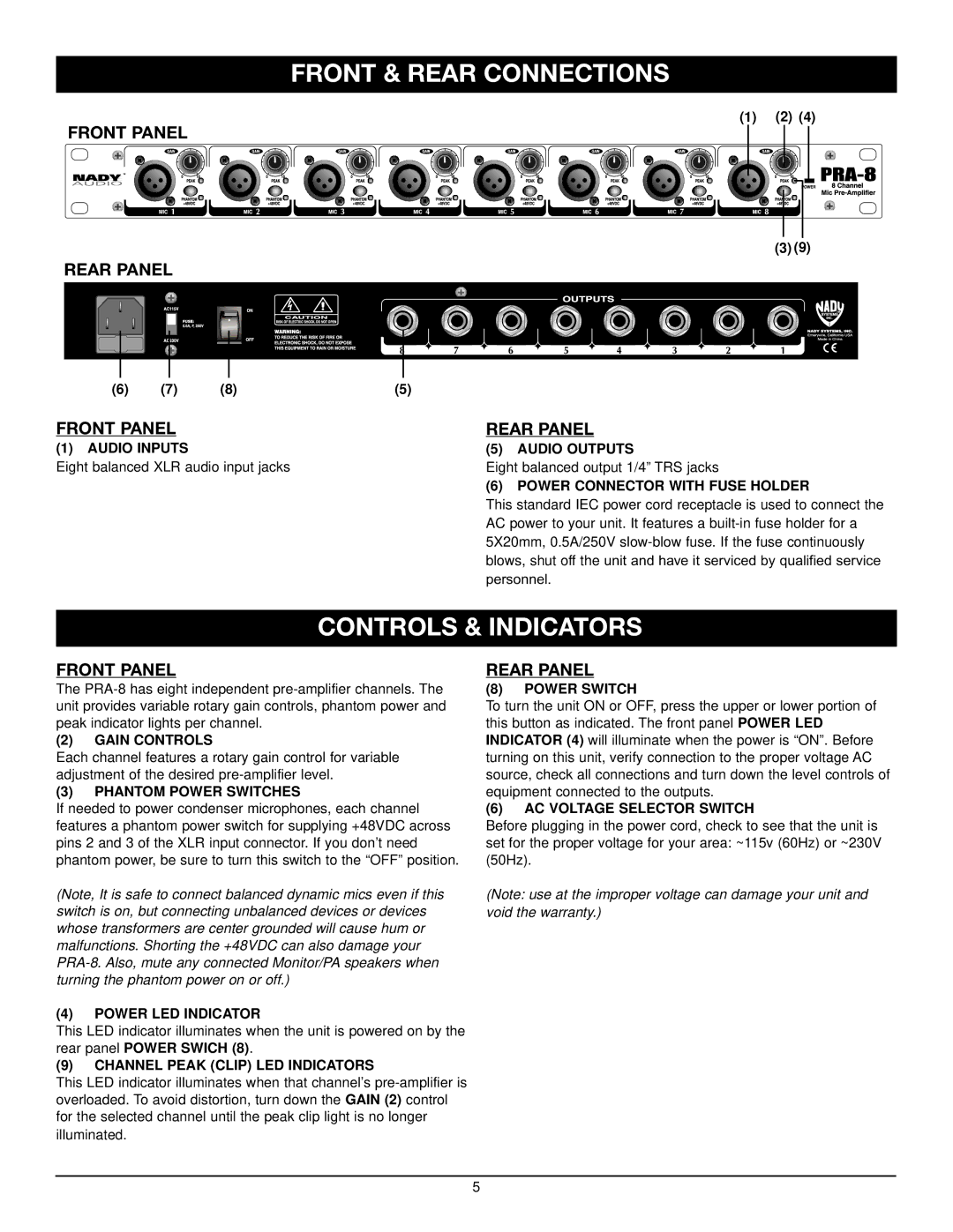 Nady Systems PRA-8 owner manual Front & Rear Connections, Controls & Indicators, Front Panel Rear Panel 