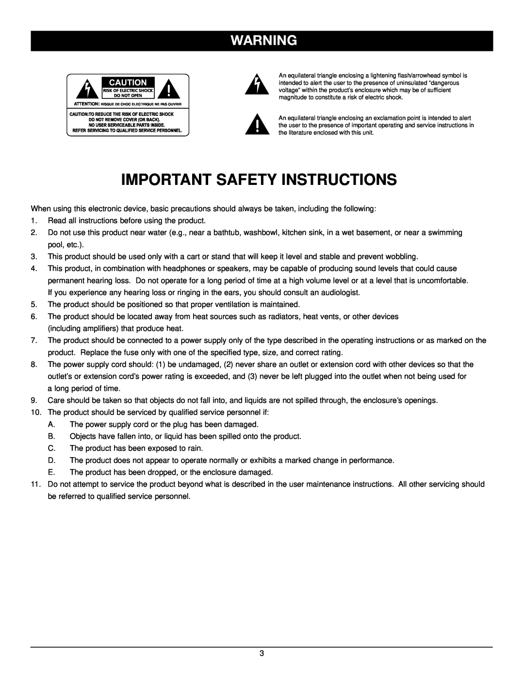 Nady Systems PRA-8 owner manual Important Safety Instructions 