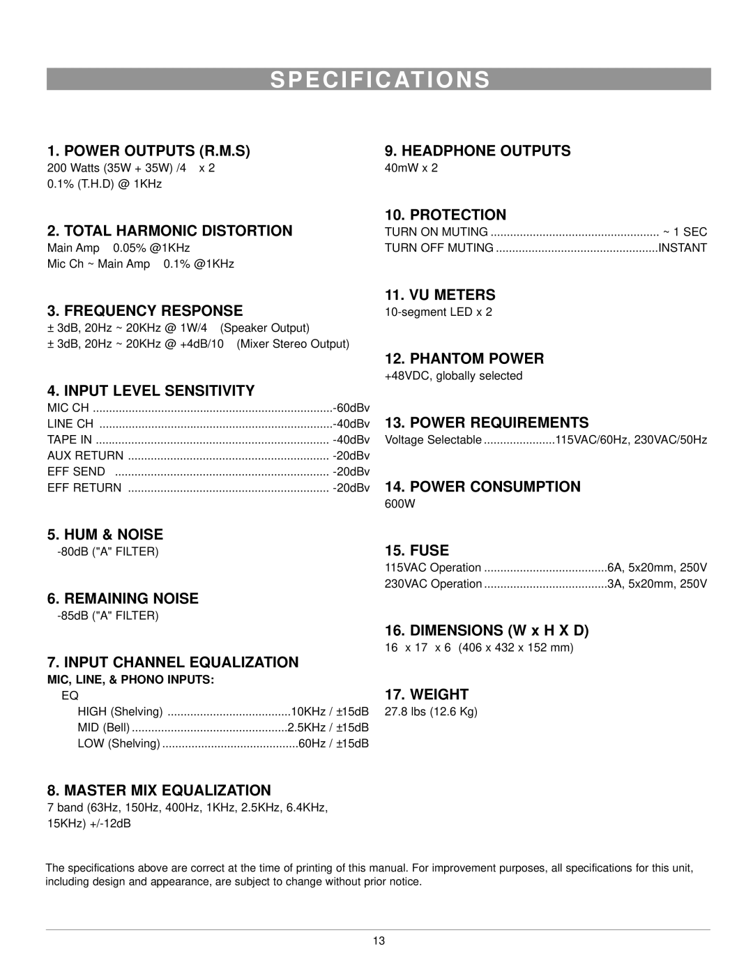 Nady Systems PRM-400 owner manual E C I F I C At I O N S, MIC, LINE, & Phono Inputs 