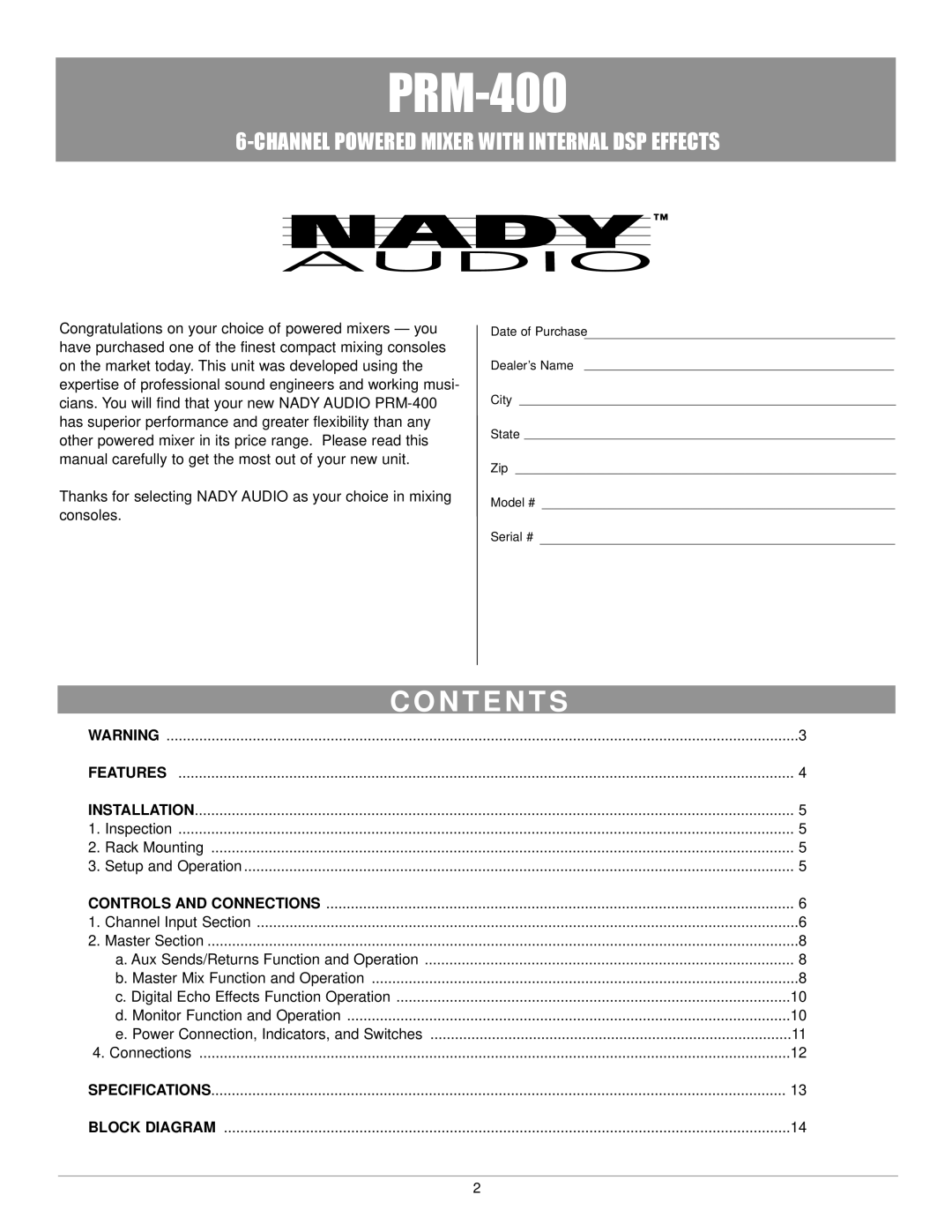 Nady Systems PRM-400 owner manual N T E N T S 