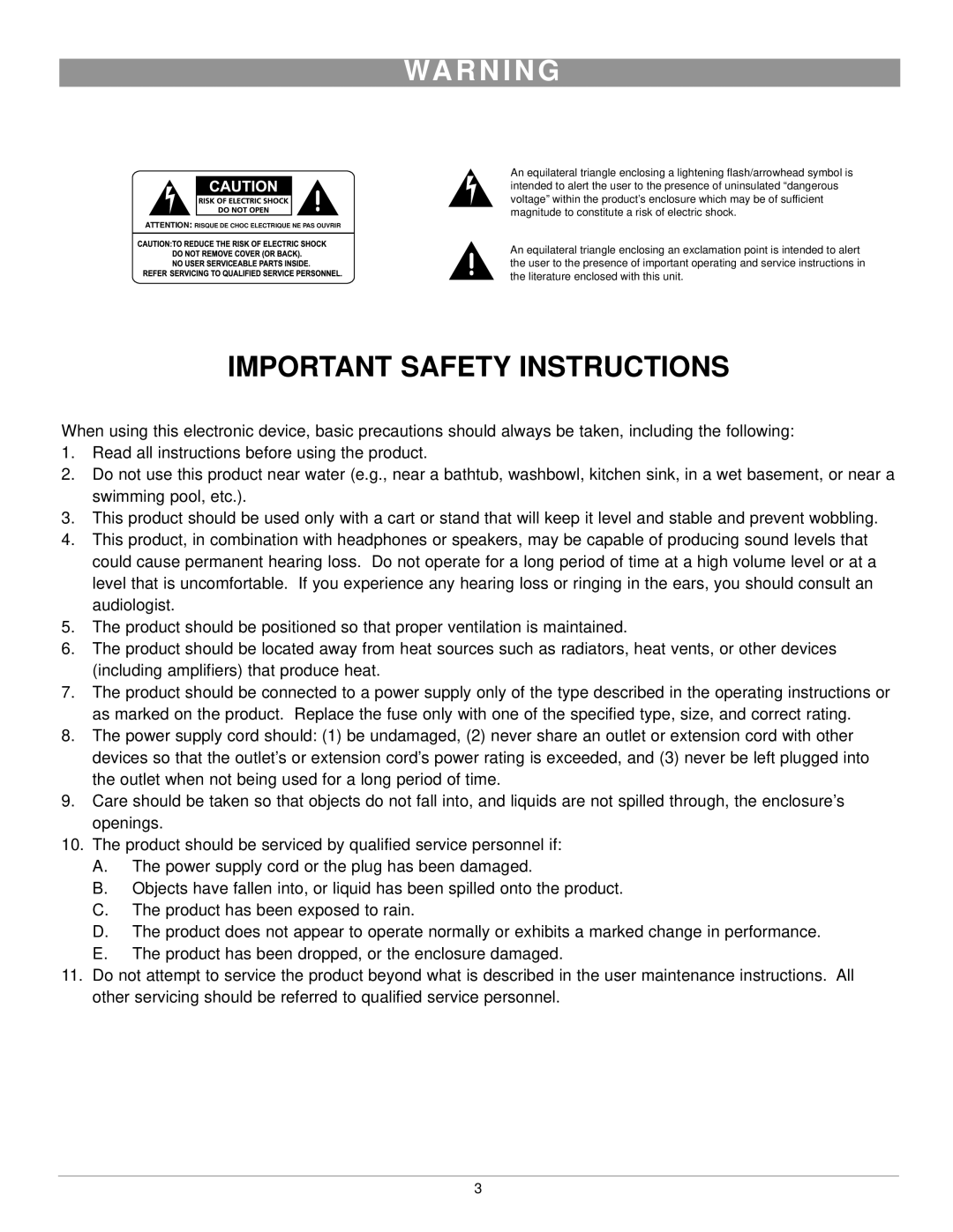 Nady Systems PRM-400 owner manual Wa R N I N G, Important Safety Instructions 