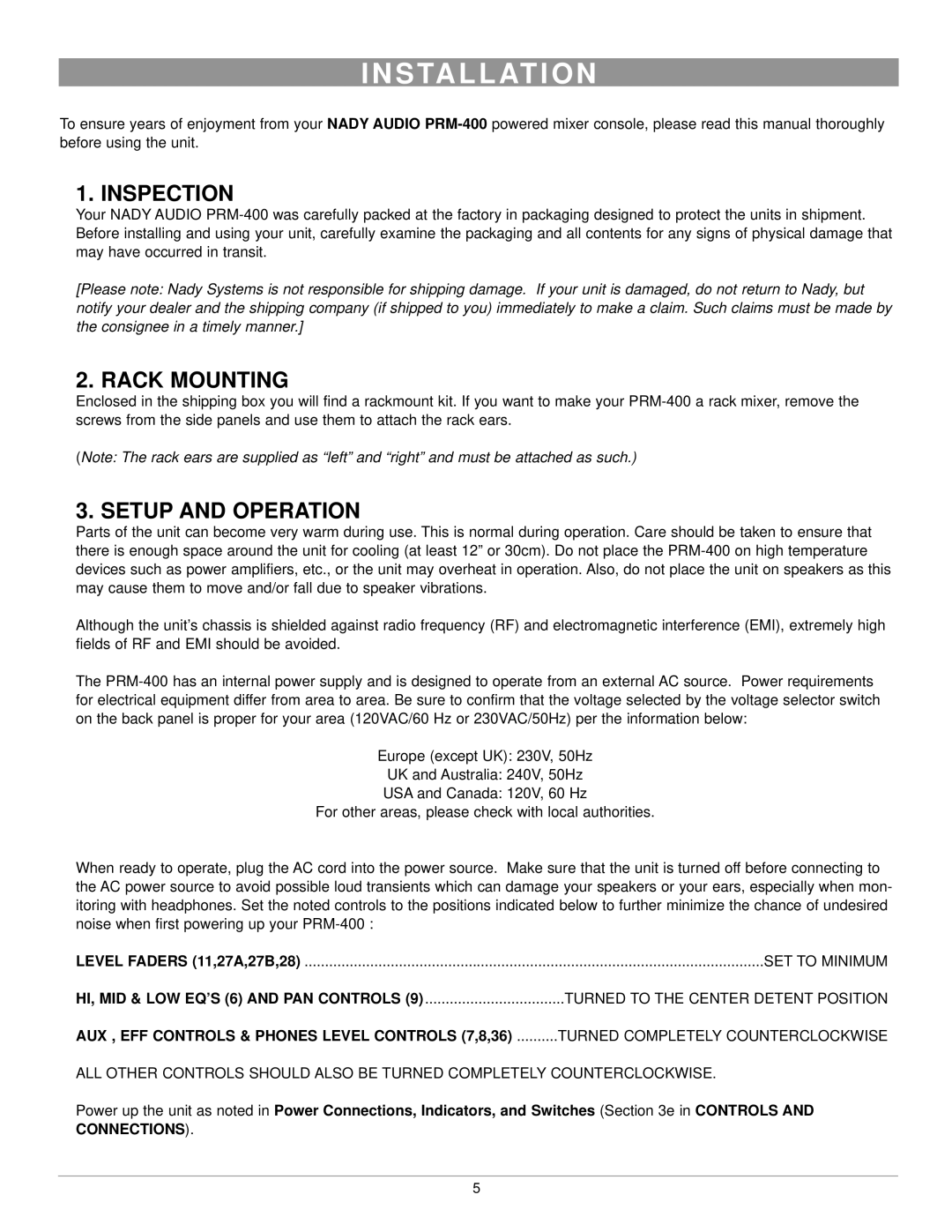 Nady Systems PRM-400 owner manual S Ta L L At I O N, Inspection, Rack Mounting, Setup and Operation 