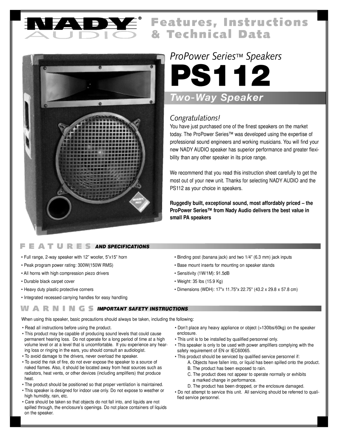 Nady Systems PS112 important safety instructions A T U R E S, Important Safety Instructions 