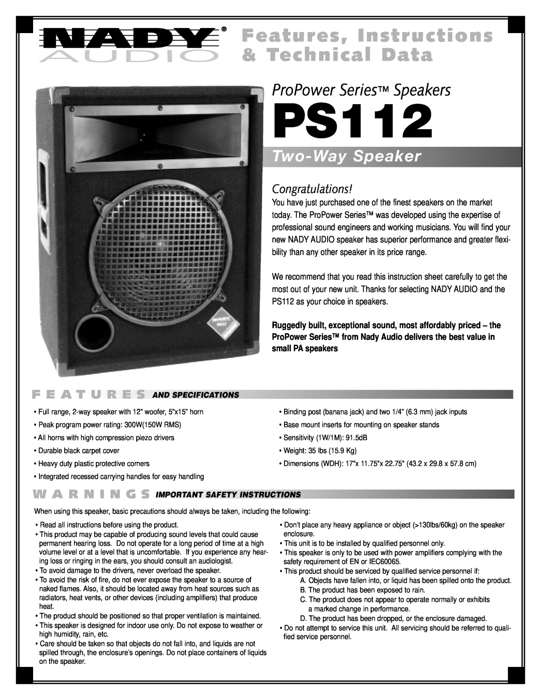 Nady Systems PS112 important safety instructions F E A T Ures, W A R N I N G S, Importantsafetyinstructions 