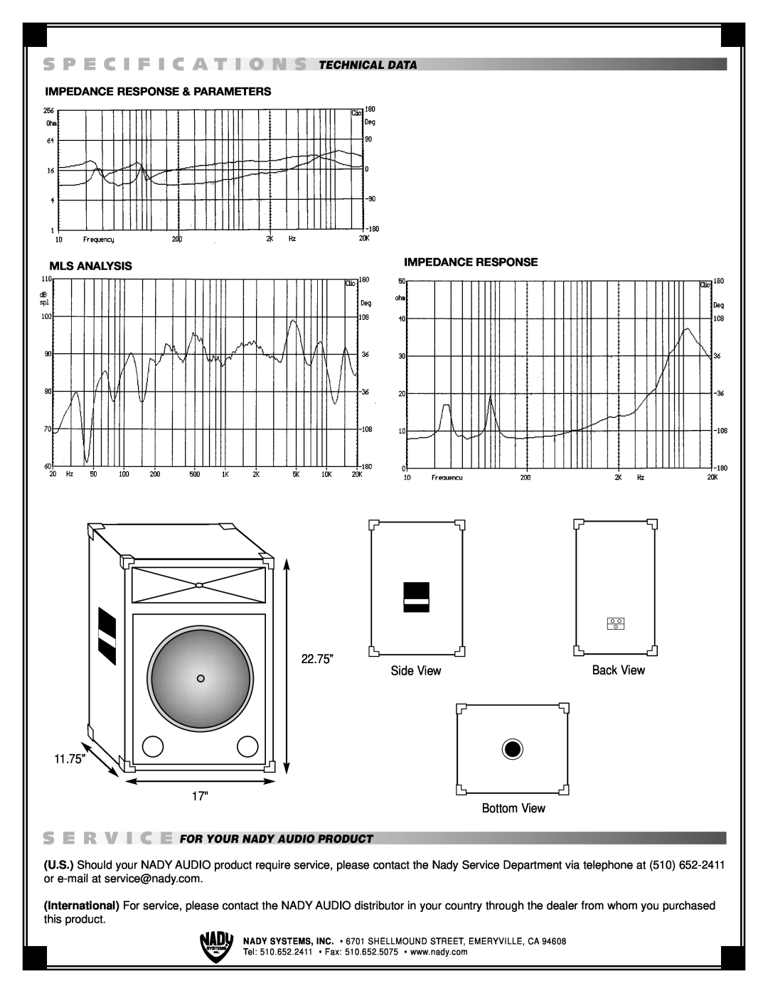 Nady Systems PS112 S P E C I F I C Ations, 11.75”, 22.75”, Side View, Bottom View, Technicaldata, S Ervice 