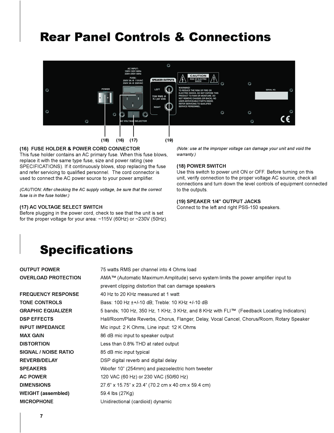 Nady Systems PSS-150 owner manual Rear Panel Controls & Connections, Specifications, MAX Gain, Distortion 