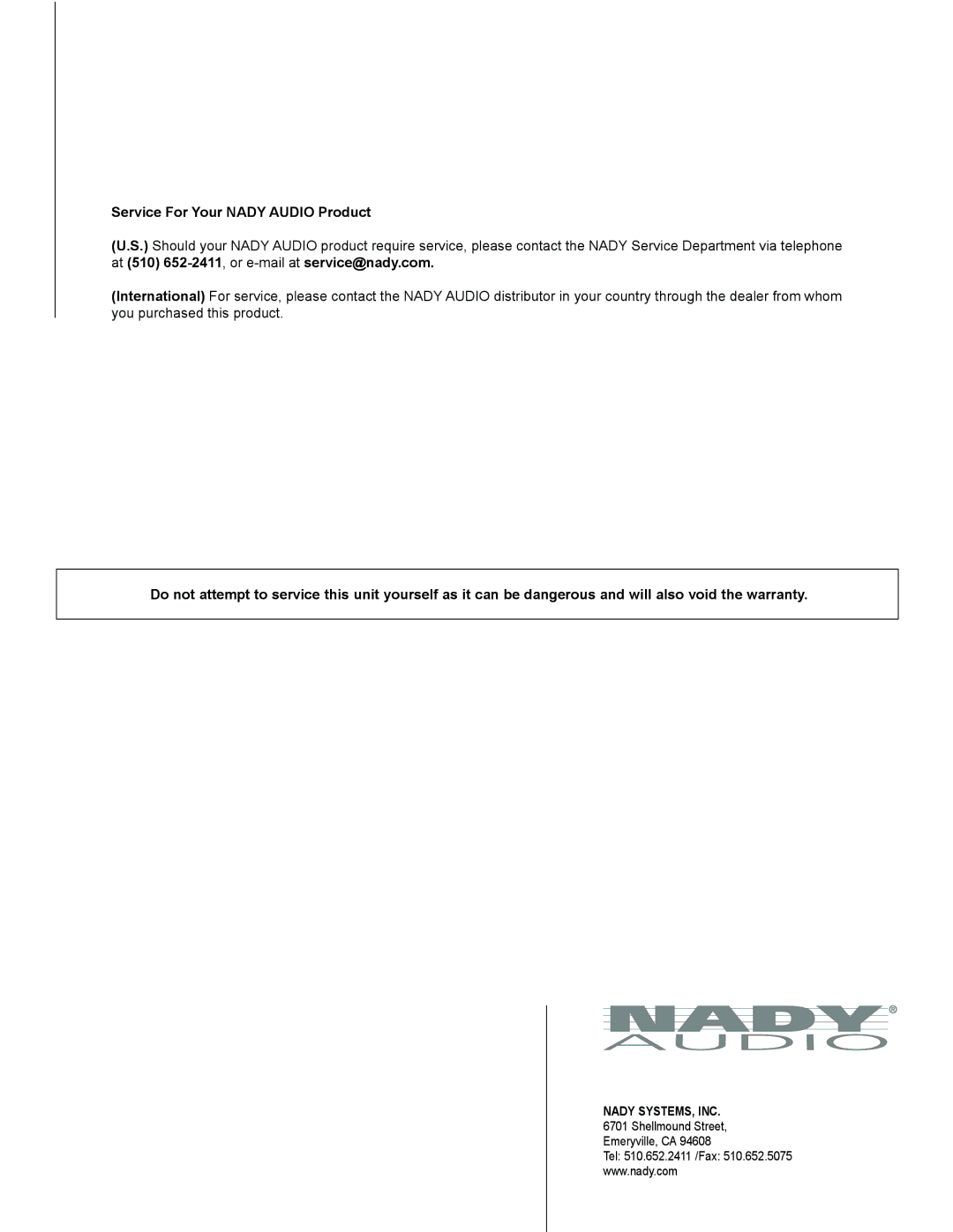 Nady Systems PSS-150 owner manual Service For Your Nady Audio Product 