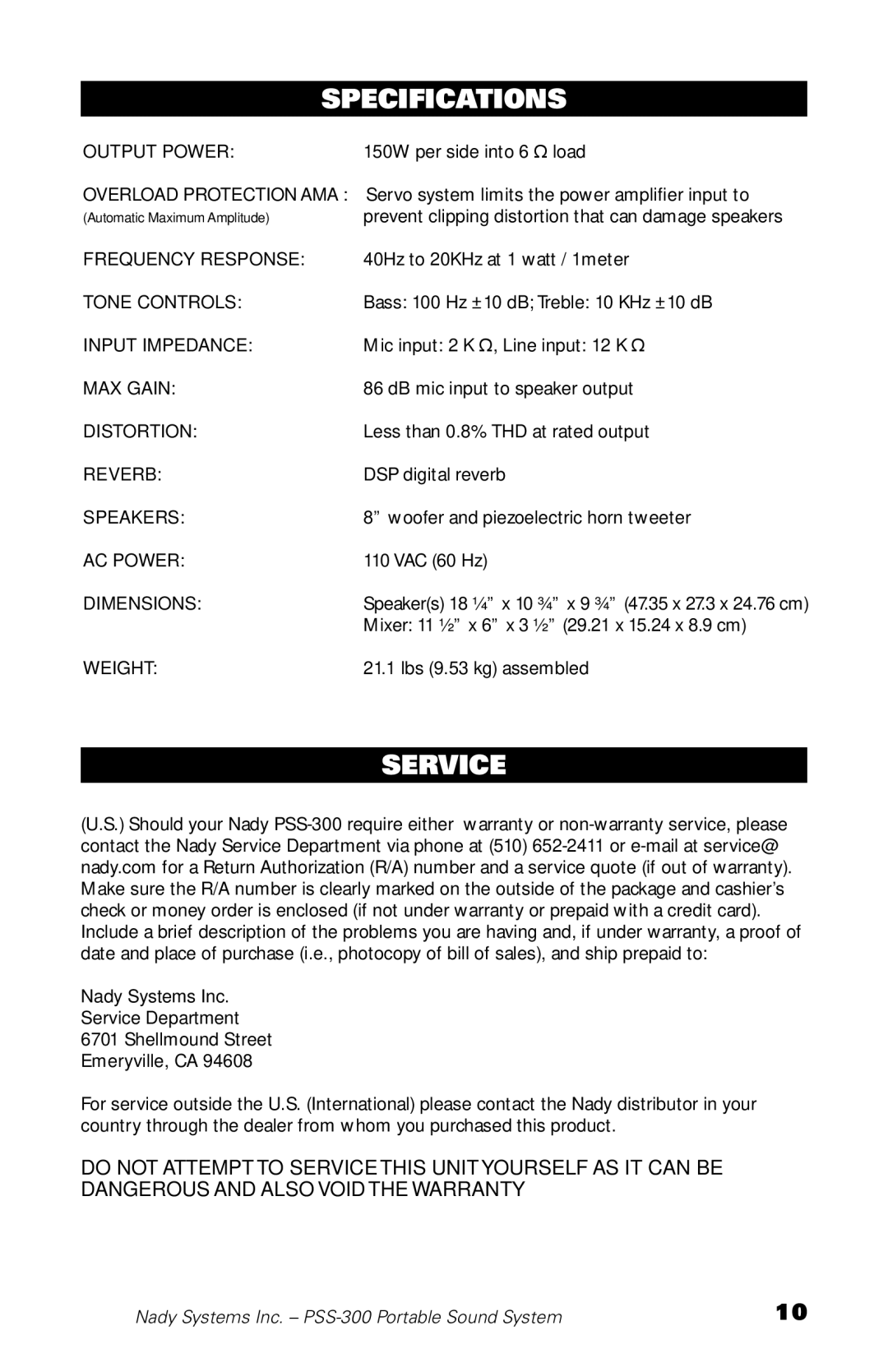 Nady Systems PSS300 owner manual Specifications, Service 