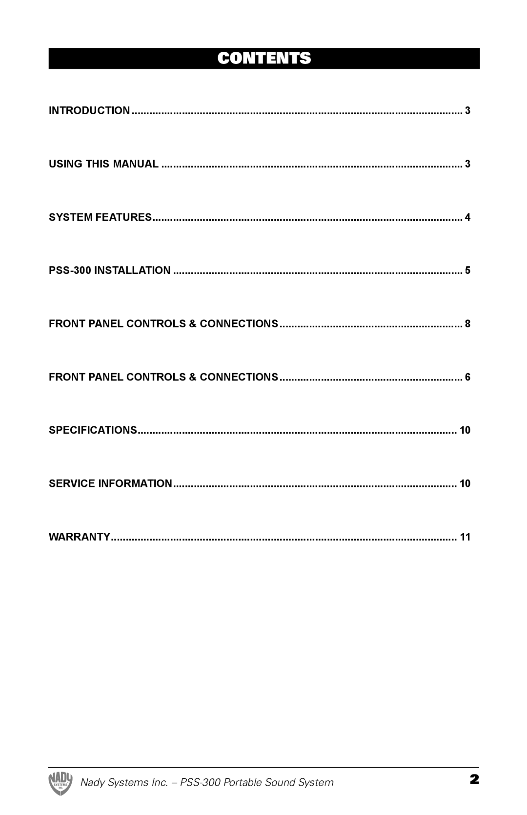 Nady Systems PSS300 owner manual Contents 