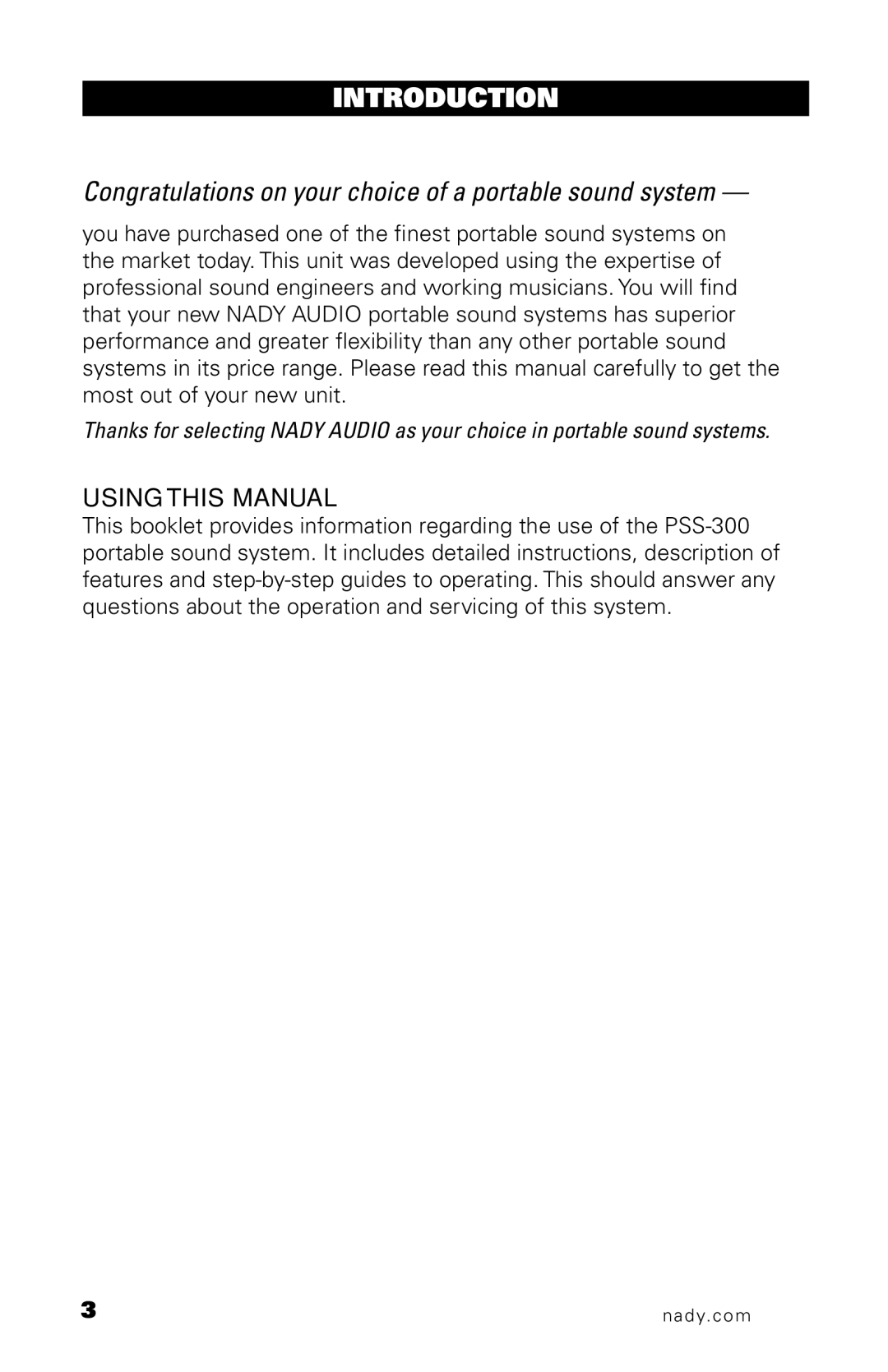 Nady Systems PSS300 owner manual Introduction, Using this Manual 