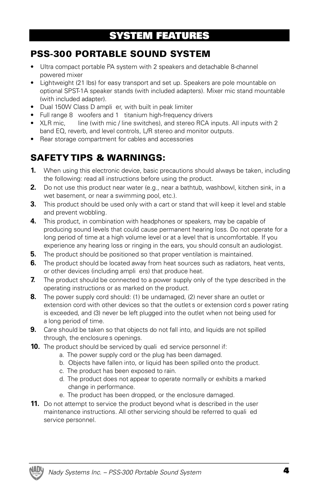 Nady Systems PSS300 owner manual System Features, PSS-300 Portable Sound System, Safety Tips & Warnings 