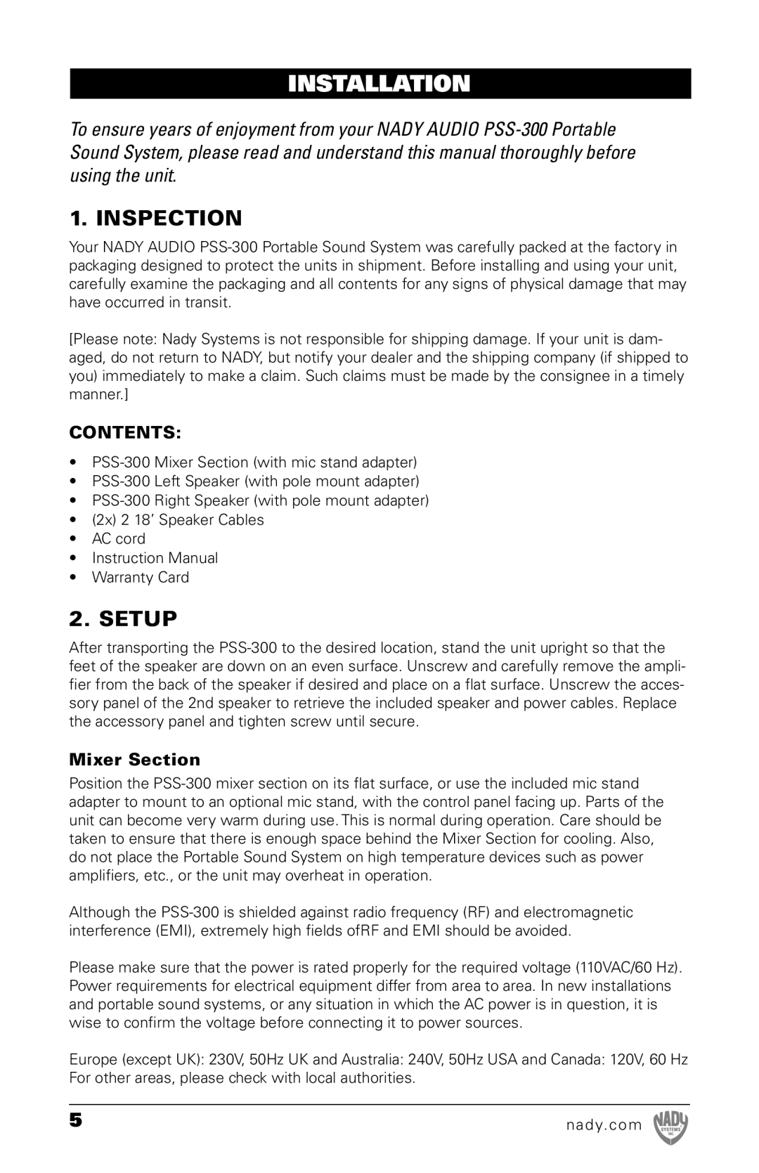 Nady Systems PSS300 owner manual Installation, Inspection, Setup 