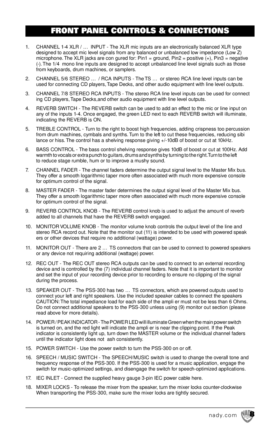 Nady Systems PSS300 owner manual Front Panel Controls & Connections 