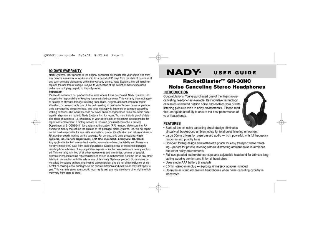 Nady Systems QH-30NC warranty Days Warranty, Introduction, Features 