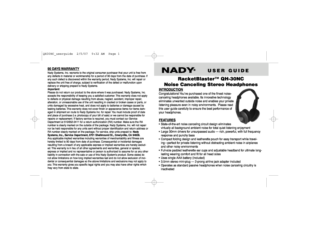 Nady Systems warranty Days Warranty, Introduction, Features, U S E R G U I D E RacketBlaster QH-30NC 