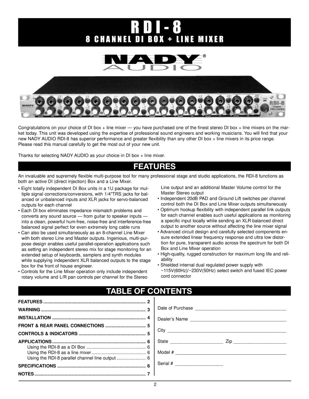 Nady Systems RDI-8 owner manual Features, Table of Contents 