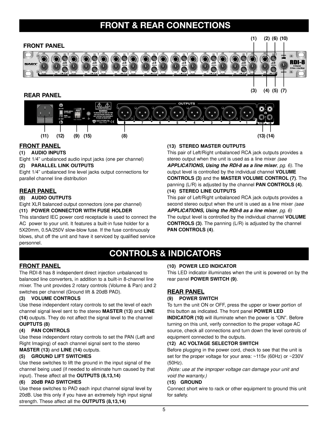 Nady Systems RDI-8 owner manual Front & Rear Connections, Controls & Indicators, Front Panel Rear Panel 