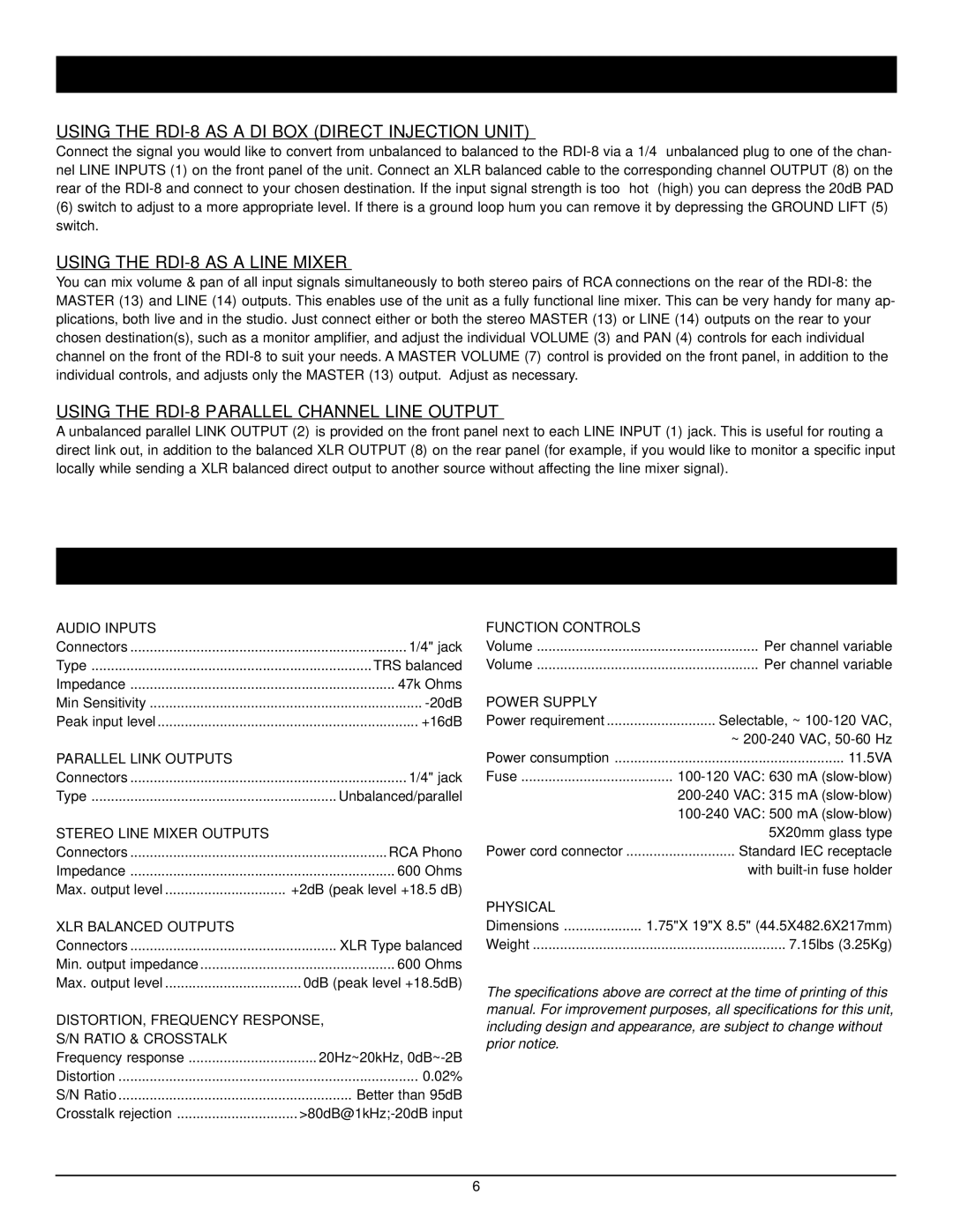 Nady Systems owner manual Applications, Specifications, Using the RDI-8 AS a DI BOX Direct Injection Unit 