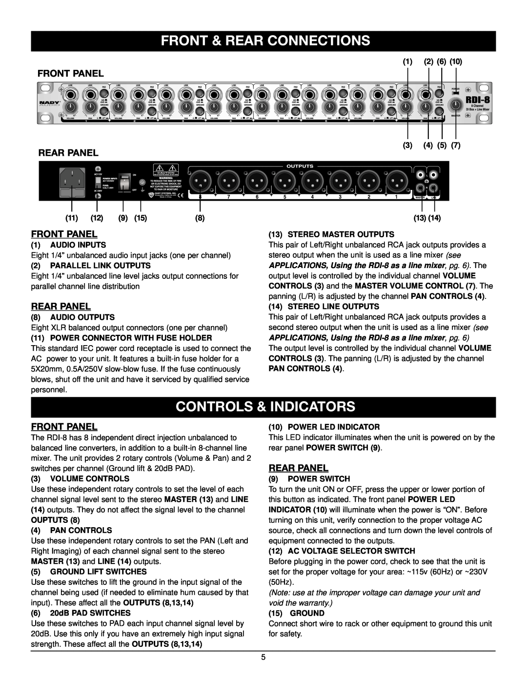 Nady Systems RDI-8 Front & Rear Connections, Controls & Indicators, Front Panel, Rear Panel, 1 2 6, 3 4 5, Audio Inputs 