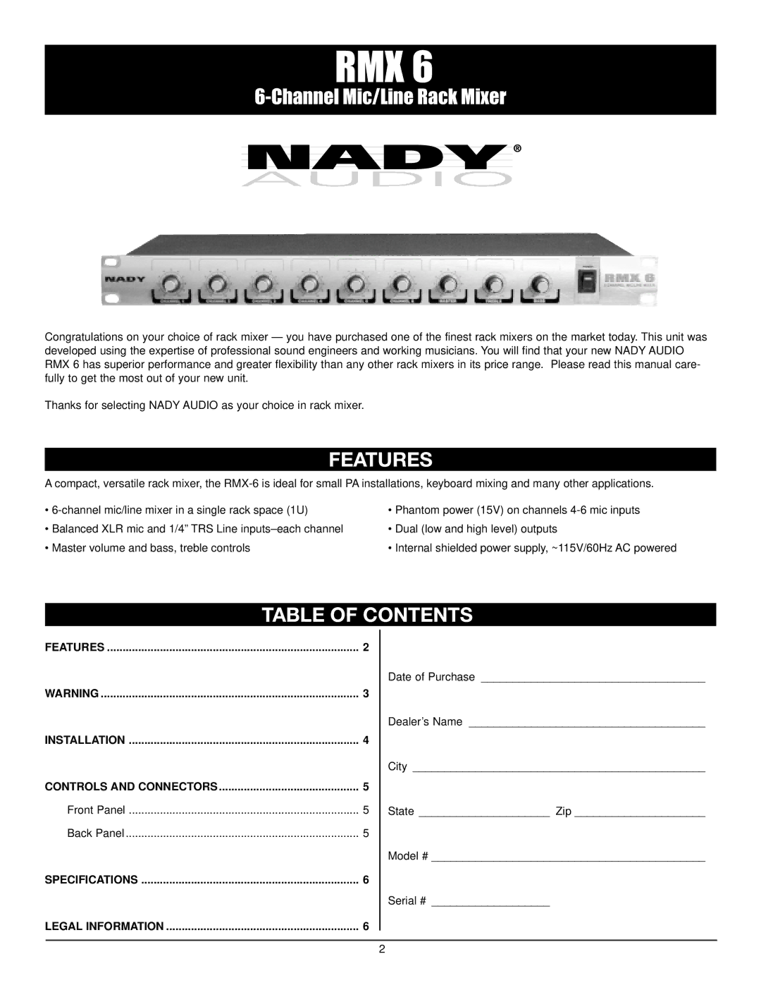 Nady Systems RMX6 owner manual Features, Table of Contents 