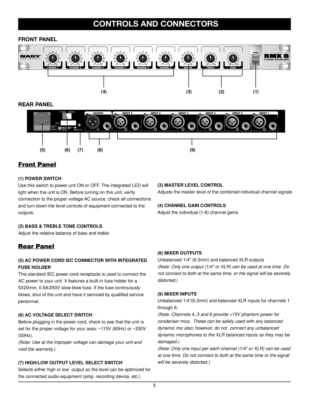 Nady Systems RMX6 owner manual Controls and Connectors 