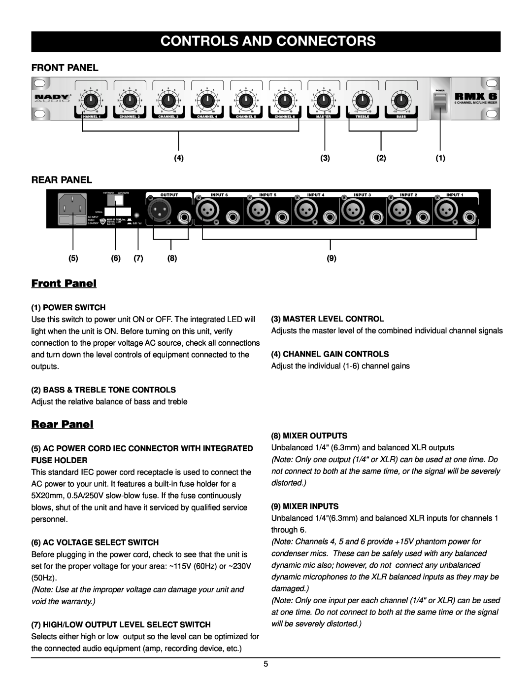 Nady Systems RMX6 owner manual Controls And Connectors, Front Panel, Rear Panel 