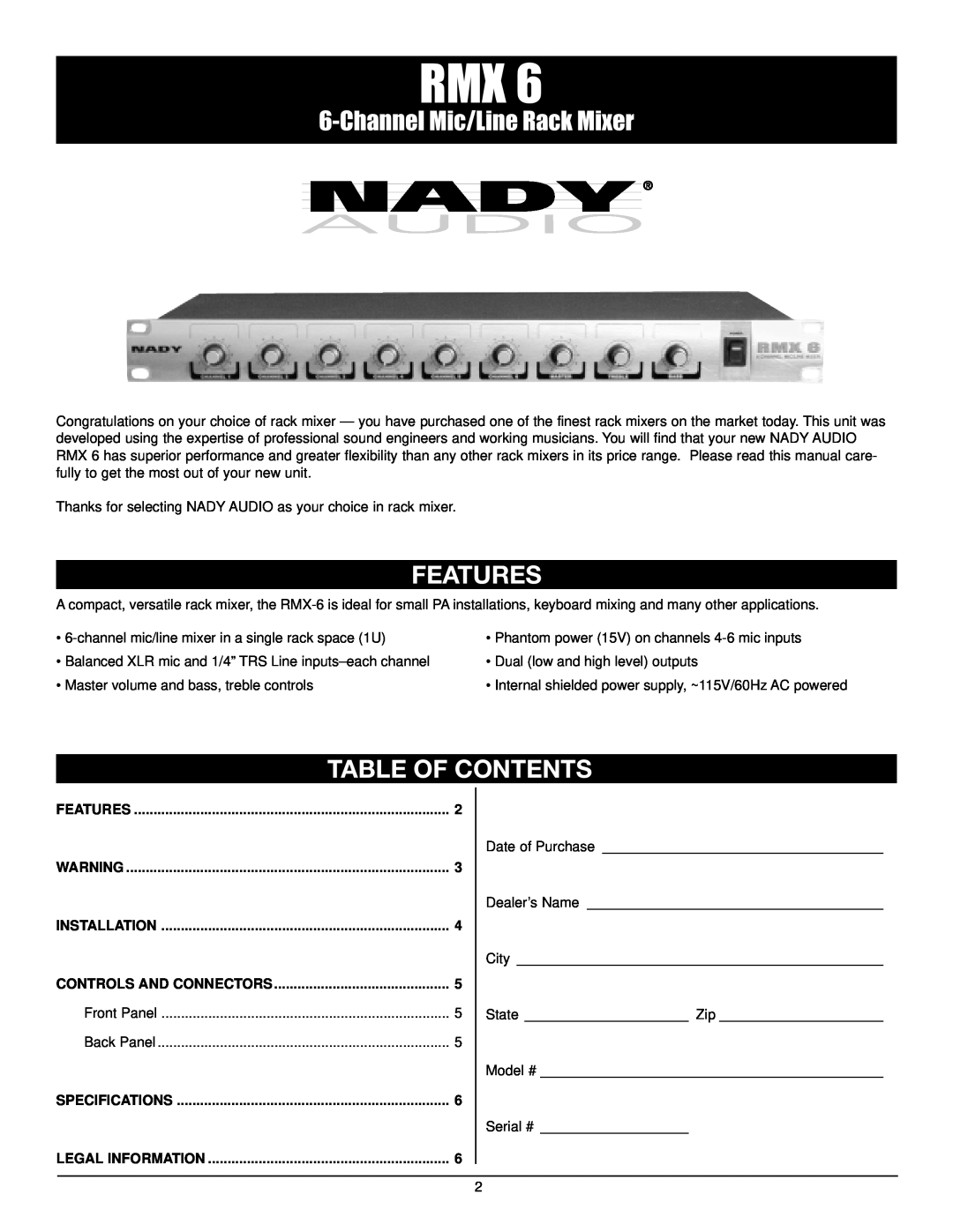 Nady Systems RMX6 owner manual Features, Table Of Contents, ChannelMic/Line Rack Mixer 