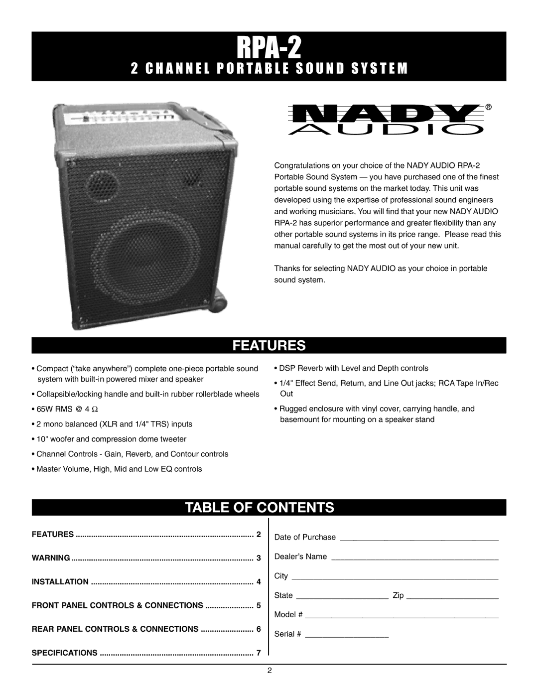 Nady Systems RPA-2 owner manual Features, Table of Contents 