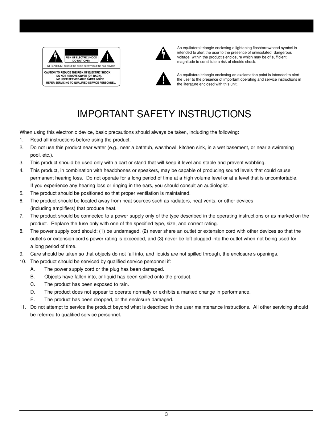 Nady Systems RPA-2 owner manual Important Safety Instructions 