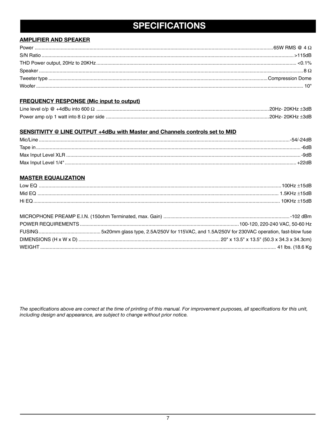 Nady Systems RPA-2 owner manual Specifications, Amplifier and Speaker, Master Equalization 