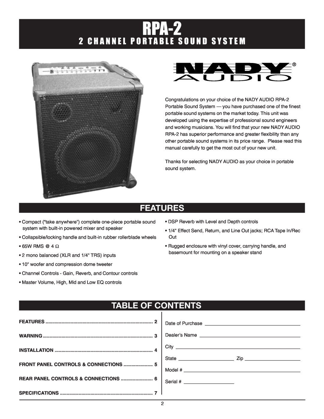 Nady Systems RPA-2 owner manual Features, Table Of Contents 