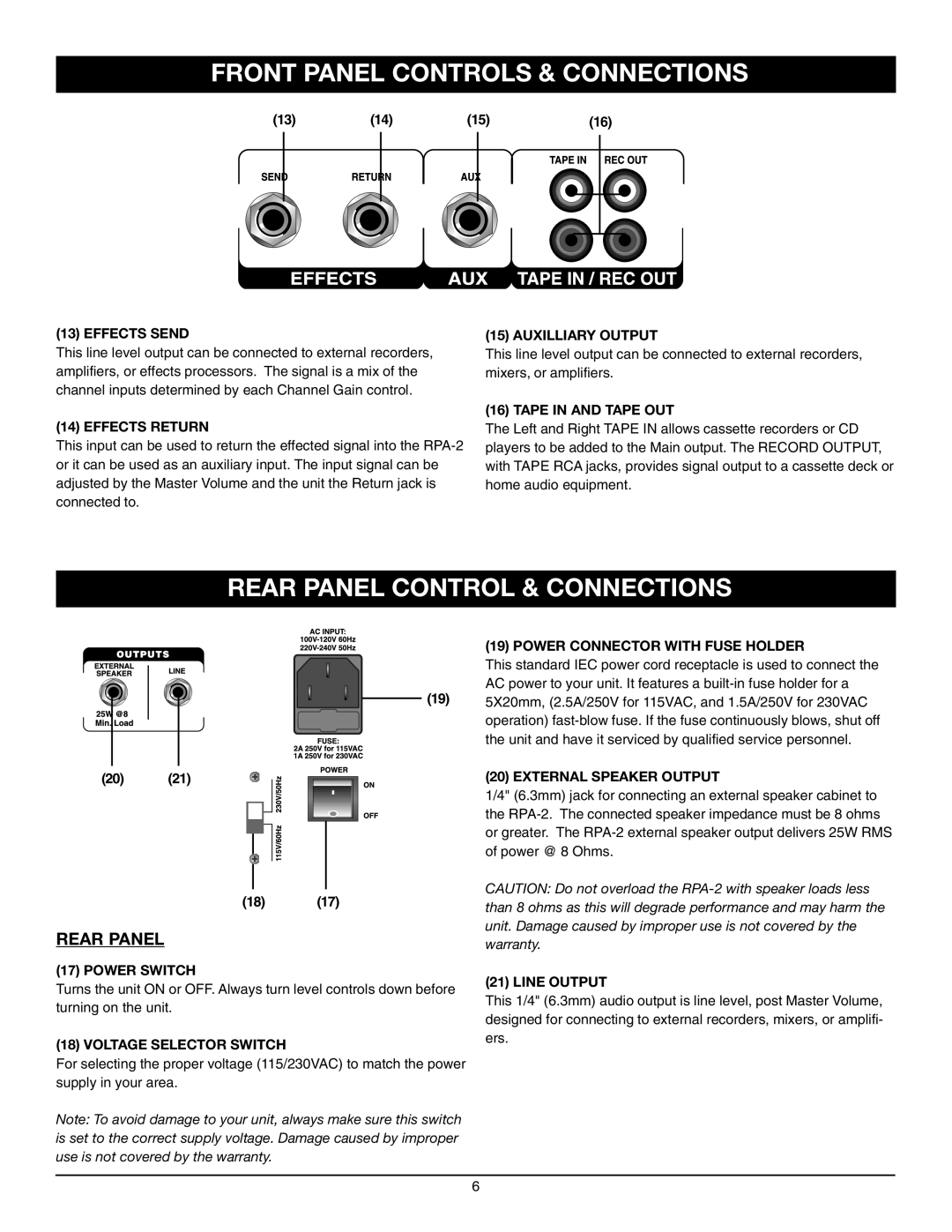 Nady Systems RPA-2 owner manual Rear Panel Control & Connections, Front Panel Controls & Connections 