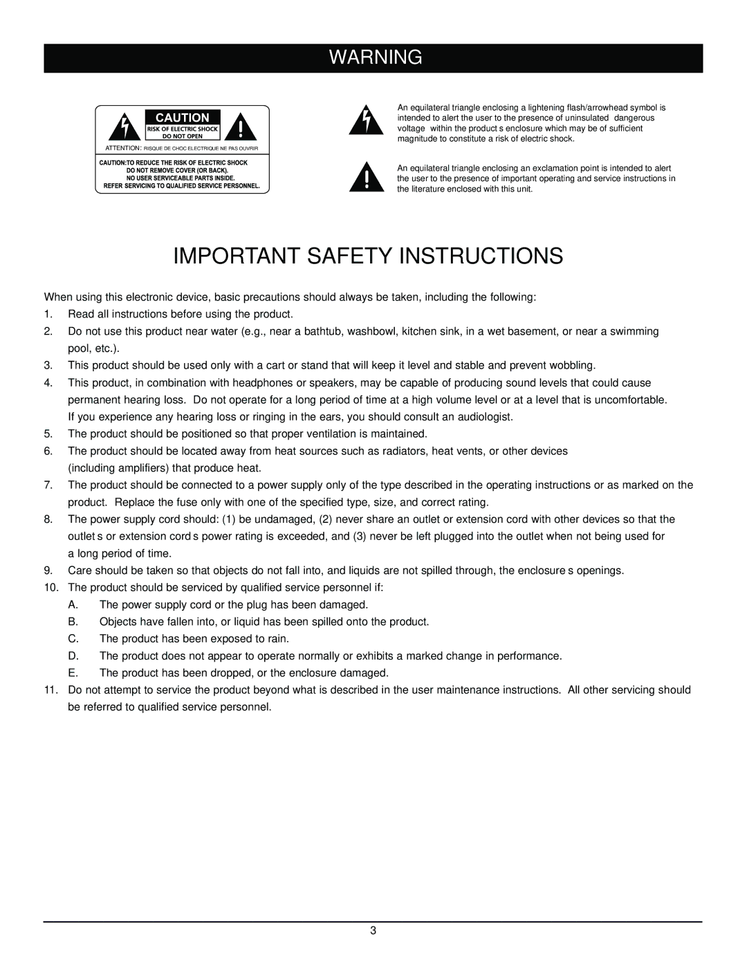 Nady Systems RPA6 owner manual Important Safety Instructions 