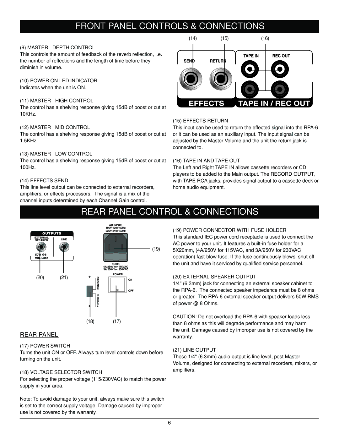 Nady Systems RPA6 owner manual Rear Panel Control & Connections 