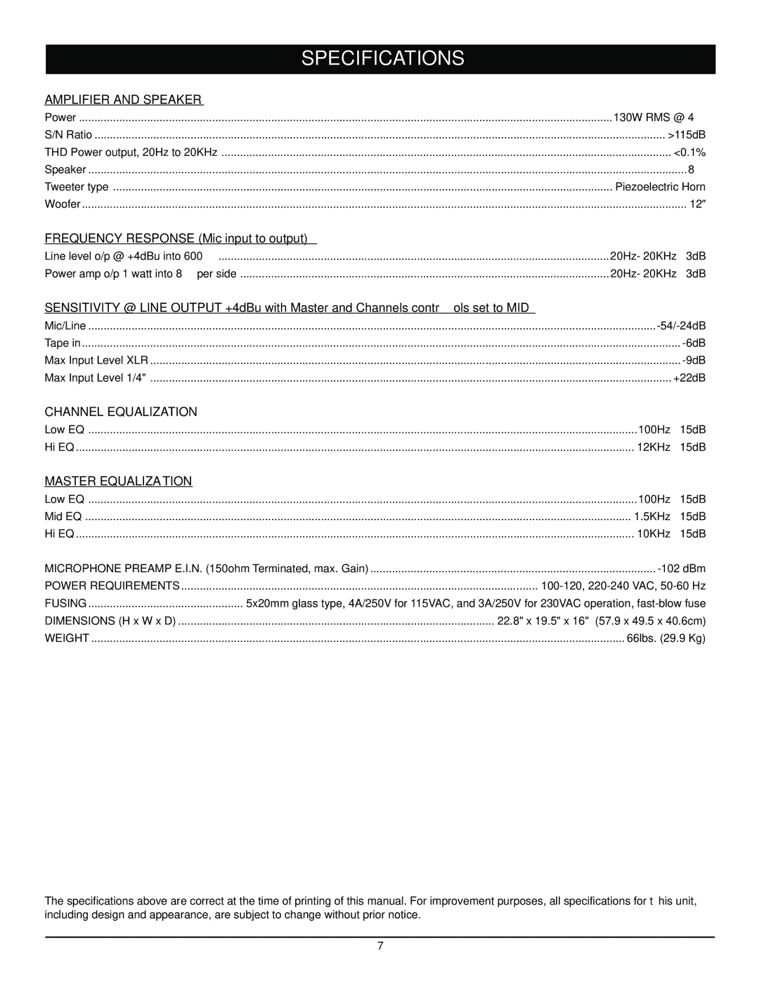 Nady Systems RPA6 owner manual Specifications, Amplifier and Speaker, Channel Equalization, Master Equalization 